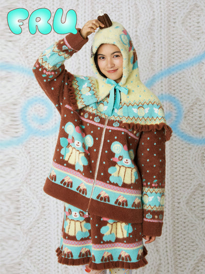 frufru - Kawaii Chocolate Bear Knit Cardigan & Skirt Set set frufru