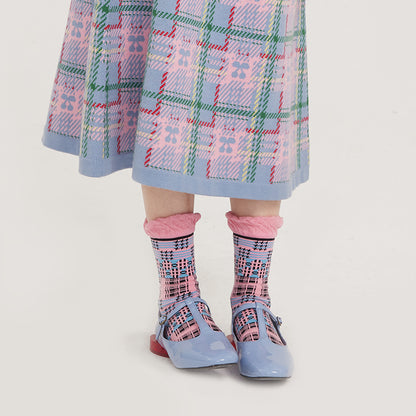 tntntutu Decora Kei Socks | Pink & Black Plaid Socks | Ruffle Bubble Mid-Calf Socks sock tntntutu