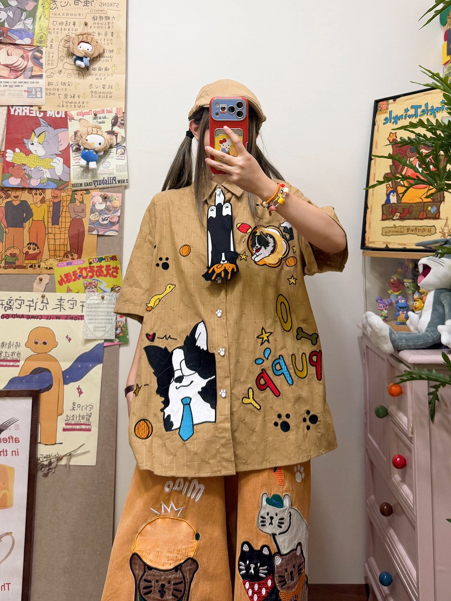 BIBULU - Kawaii Puppy Embroidered Oversized Short Sleeve Shirt