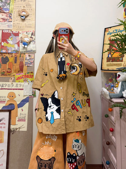 BIBULU - Kawaii Puppy Embroidered Oversized Short Sleeve Shirt