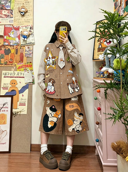 BIBULU - Vintage Plaid Cartoon Embroidered Shirt shirt BIBULU