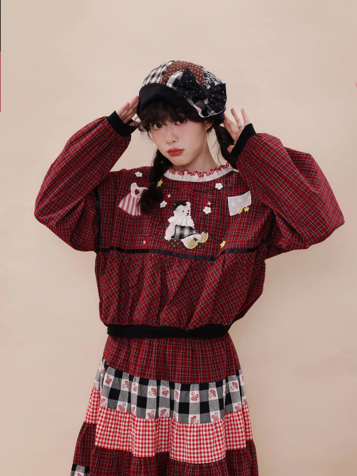 SemenCoicis - Vintage Plaid Floral Patchwork Bow Bucket Hat hat SemenCoicis
