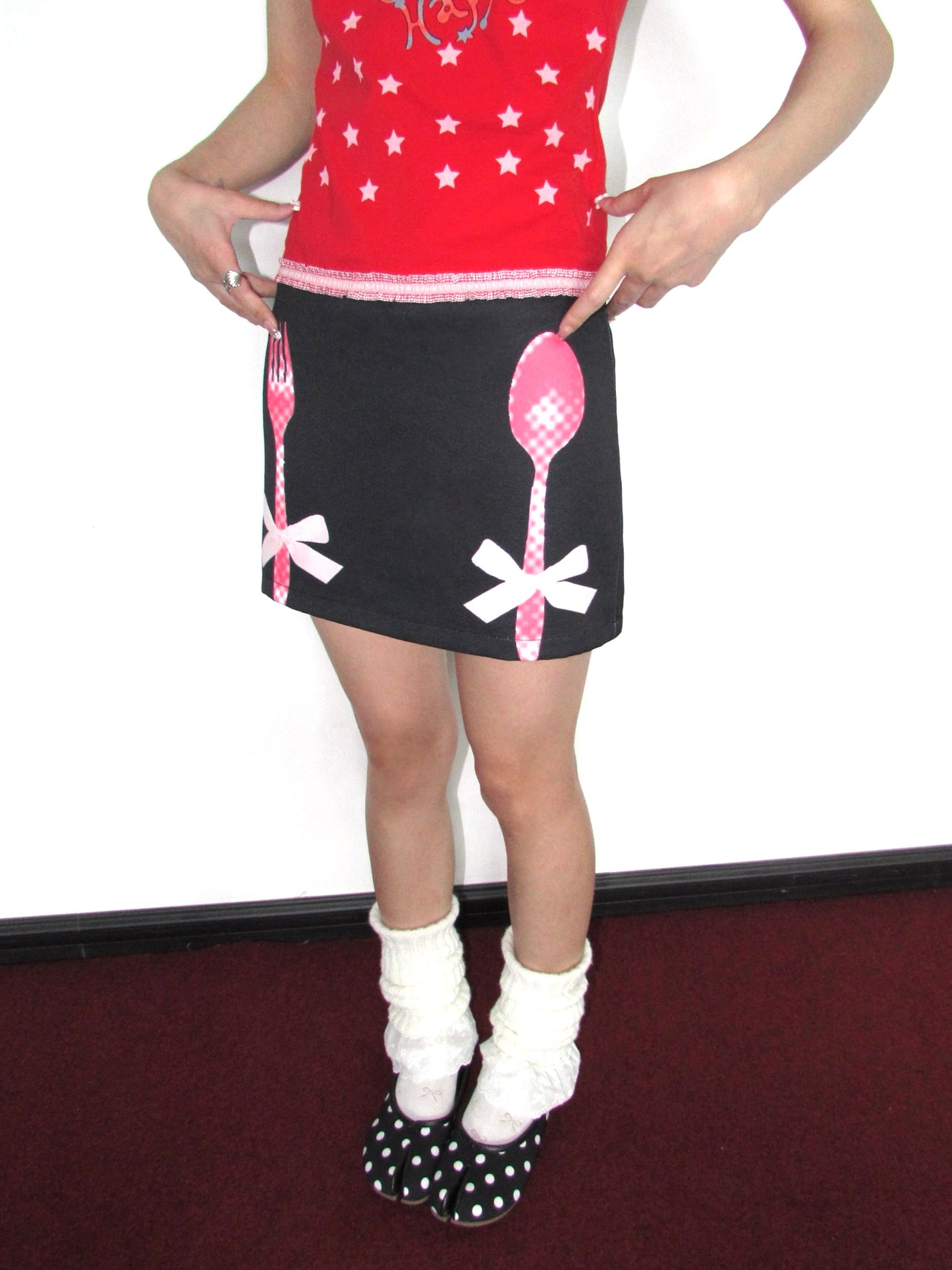 OurHappy Kawaii Harajuku Skirt | Quirky Bow & Cutlery Print Mini Skirt skirt Our Happy