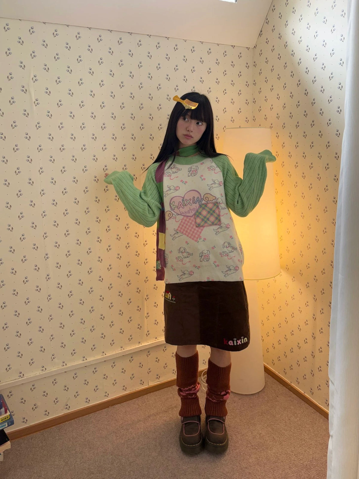 KaiXin hostel - Puppy Floral Contrast Knit Sweater sweater KaiXin hostel