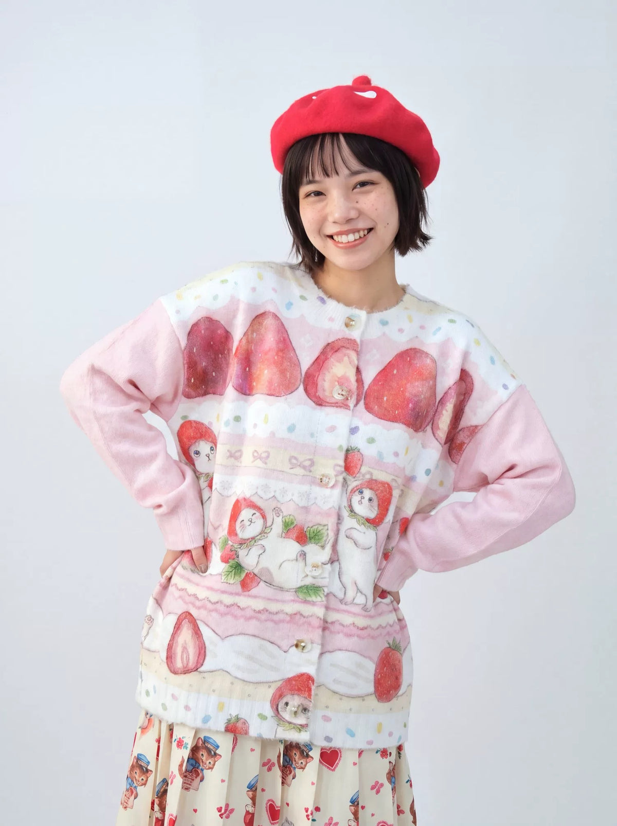 MeowMeow Bug - Strawberry Cake Cat Print Knit Cardigan cardigan MeowMeow Bug
