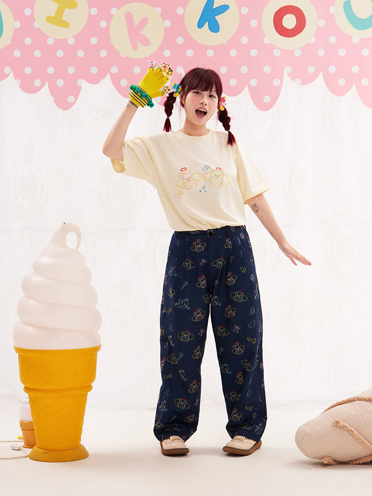 NIKKOU Kawaii Two-Tone Jeans | Harajuku Embroidered Denim Pants pants Nikkou home navy S