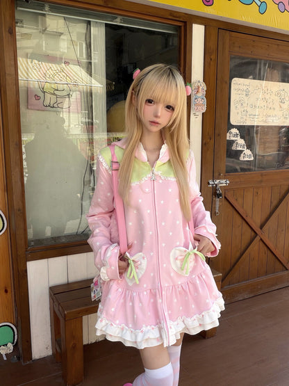 Three Poisons - Pink Bunny Ear Zip-Up Hoodie hoodie Three Poisons Only Top M