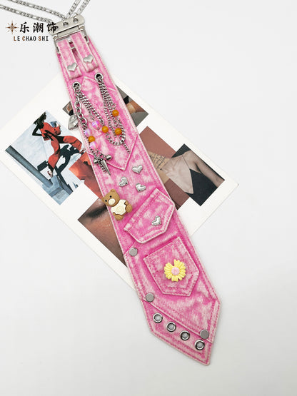 Le Chao - Pink Denim Tie Bear Chain Accessory tie Le Chao