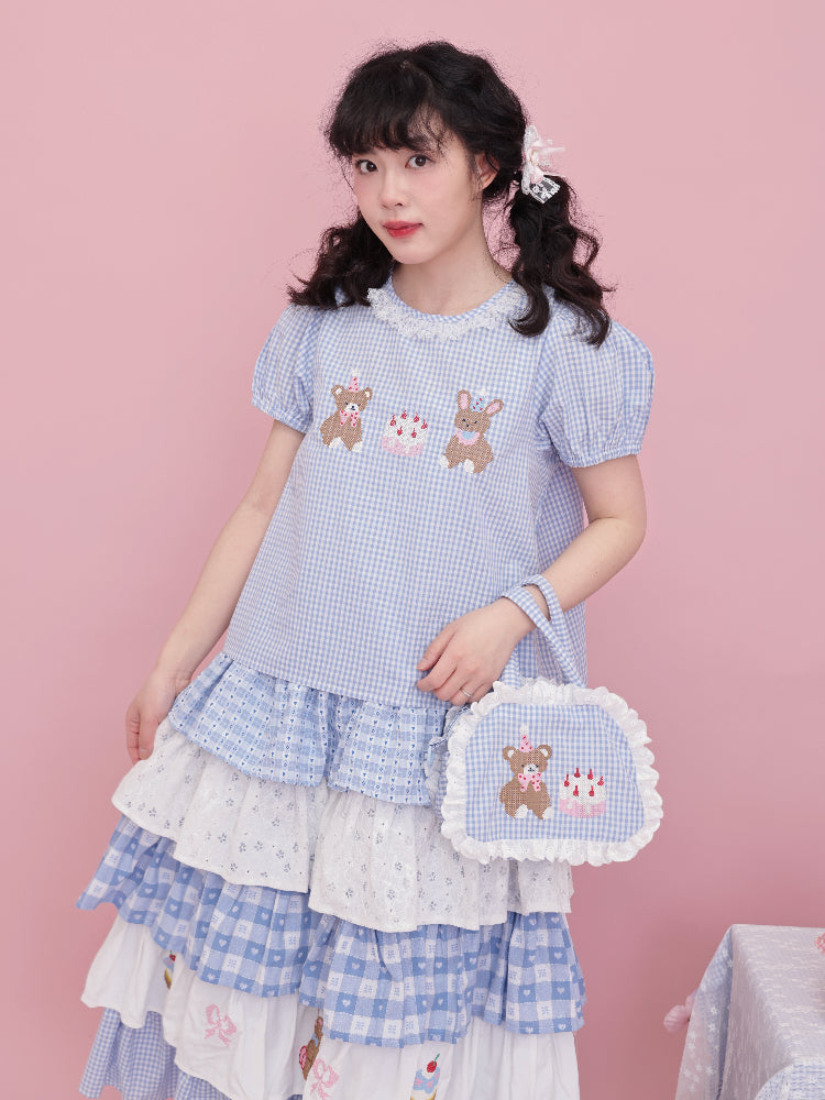 SemenCoicis Sweet Bear Embroidered Shirt | Kawaii Puff Sleeve Plaid Blouse shirt SemenCoicis