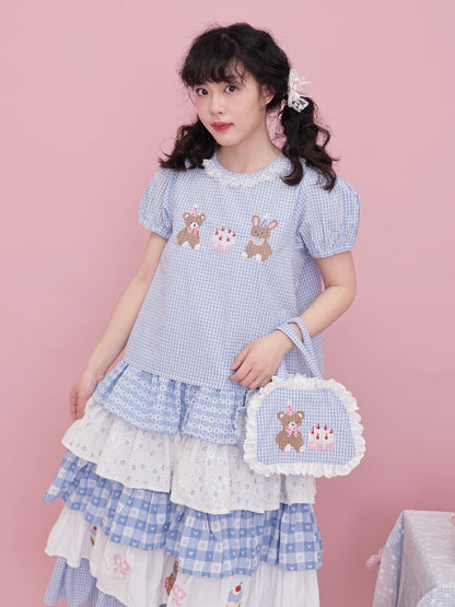 SemenCoicis Sweet Bear Embroidered Shirt | Kawaii Puff Sleeve Plaid Blouse shirt SemenCoicis
