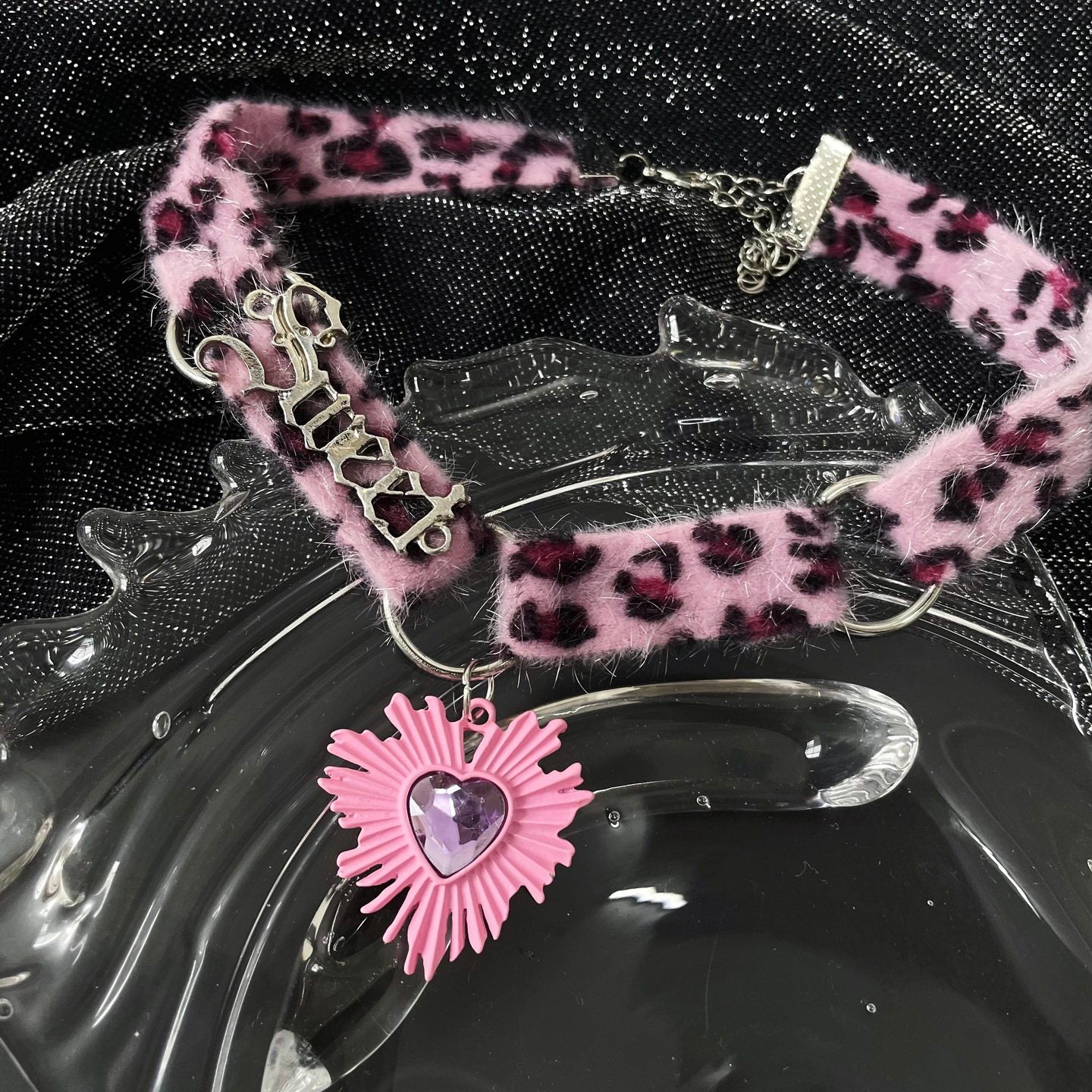Pink Leopard Plush Heart Choker choker strangelab