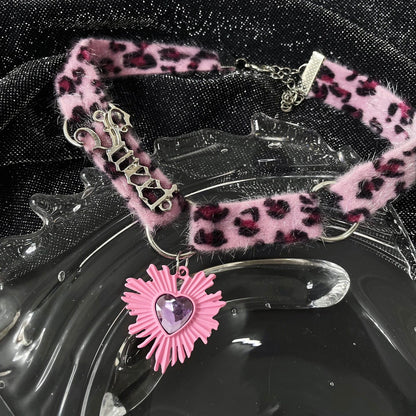 Pink Leopard Plush Heart Choker choker strangelab