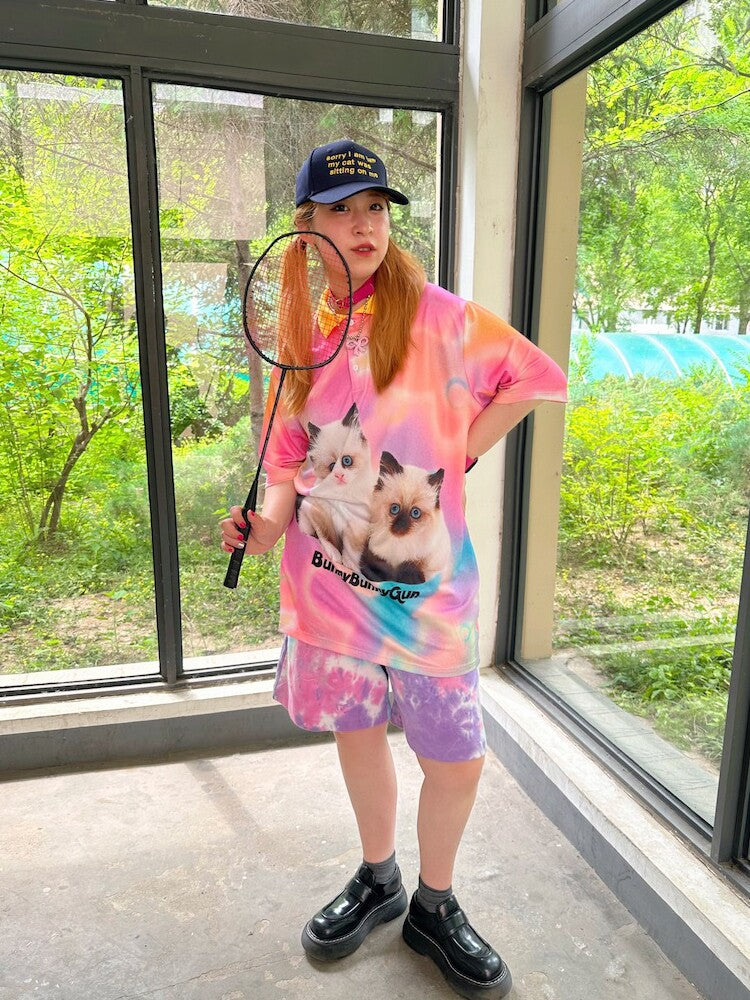 bunnybunnygun - Cat Mesh Oversize Polo Shirt shirt bunnybunnygun