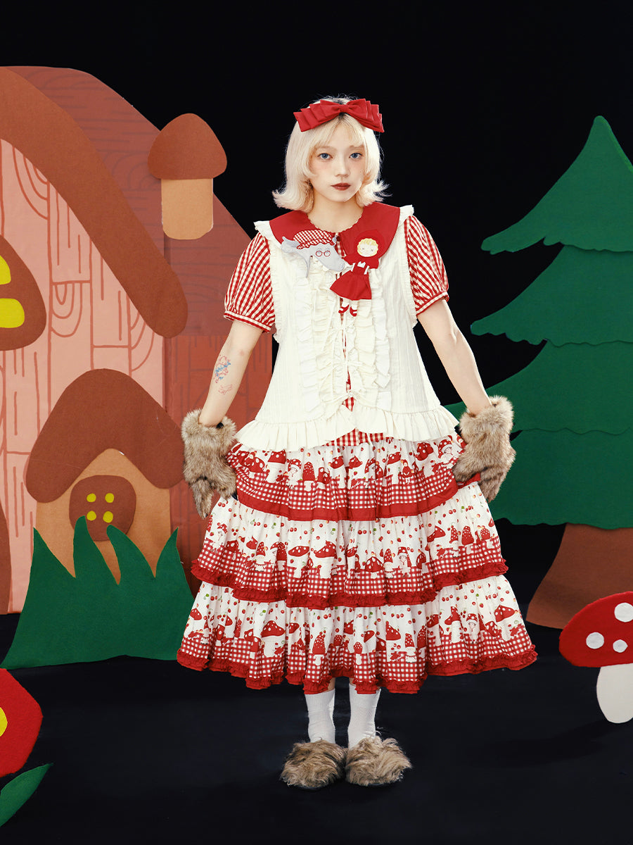 Meugler – Kawaii Mushroom Print Red Plaid Layered Cake Skirt
