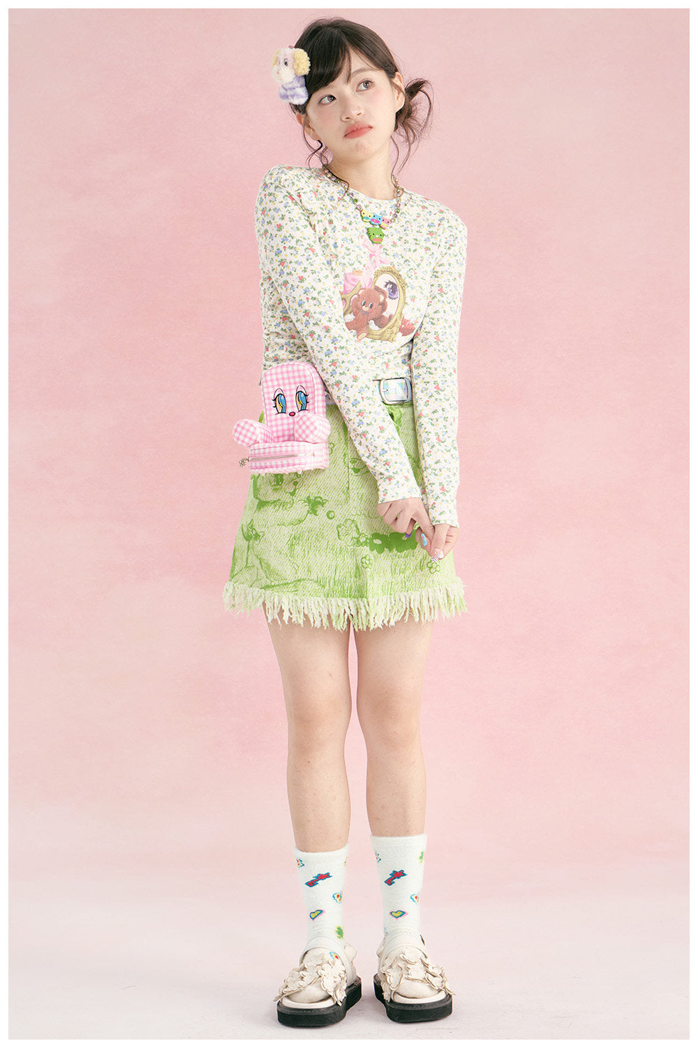 tntntutu - Beige Teddy Floral Ruched Long Sleeve Top shirt tntntutu