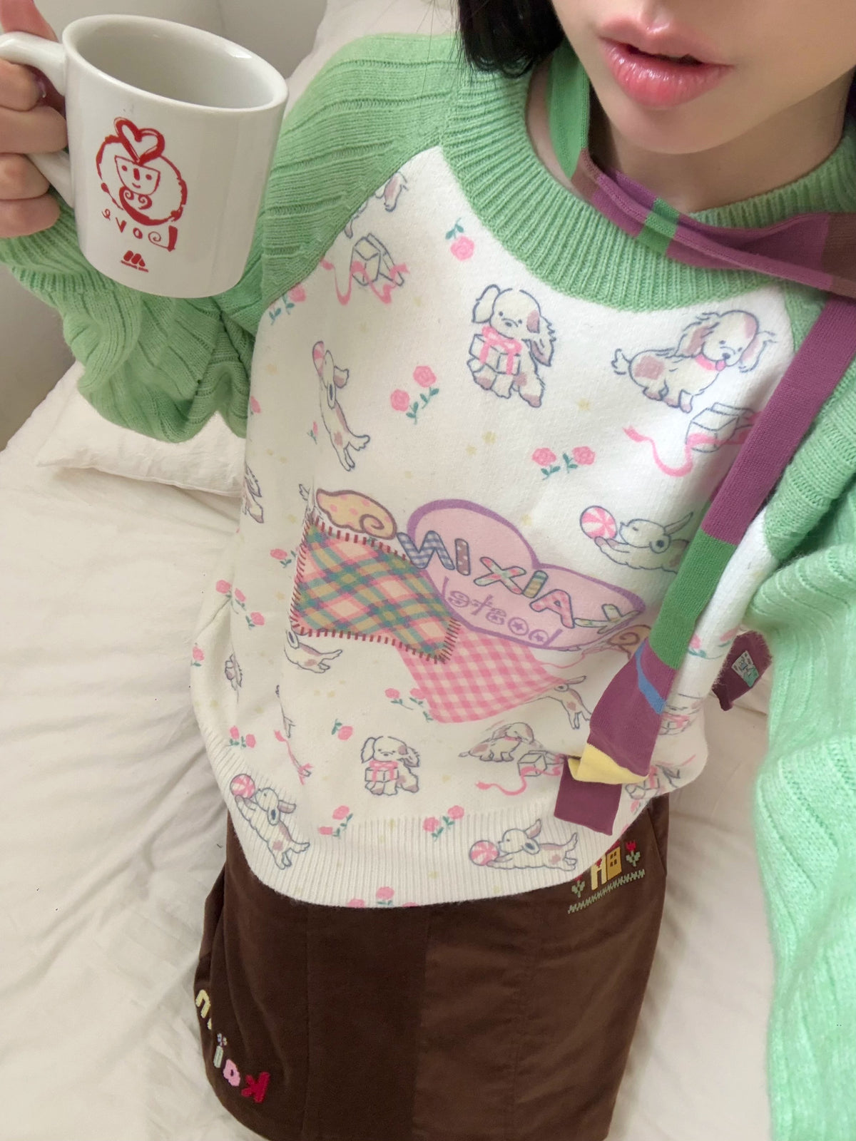 KaiXin hostel - Puppy Floral Contrast Knit Sweater sweater KaiXin hostel
