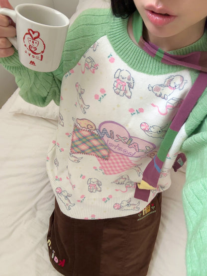 KaiXin hostel - Puppy Floral Contrast Knit Sweater sweater KaiXin hostel