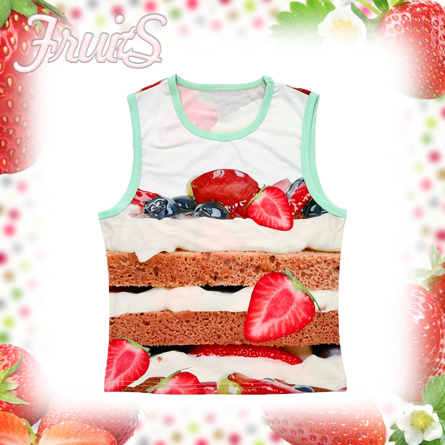 FRUITS - Strawberry Cake Print Tank Top camisole Fruits Chocolate Strawberry Cake S