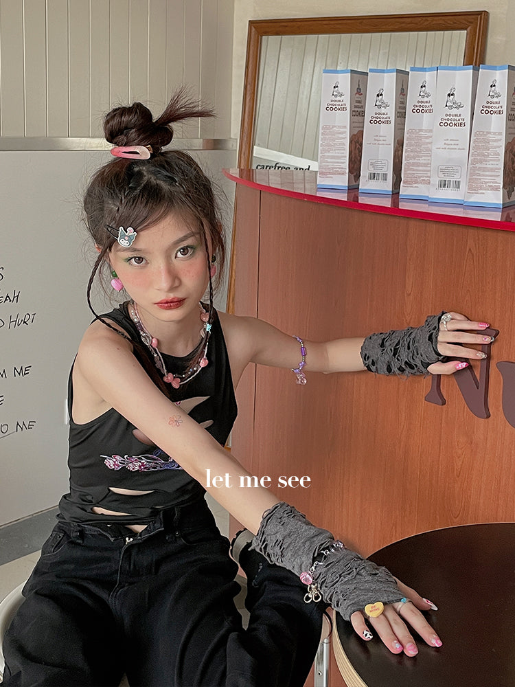 LET ME SEE - Y2K Distressed Fingerless Sun Protection Arm Warmers sleeves let me see