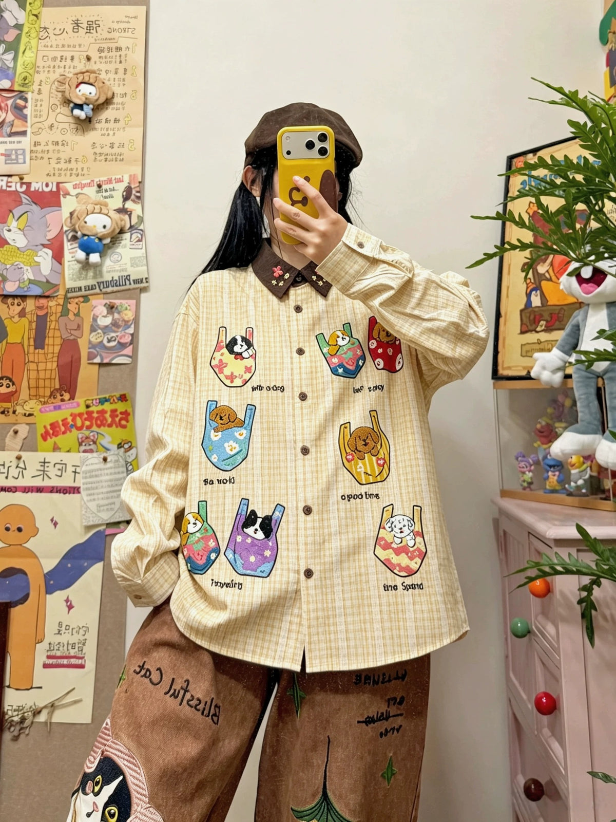 BIBULU - Kidcore Dog Embroidered Plaid Shirt shirt BIBULU