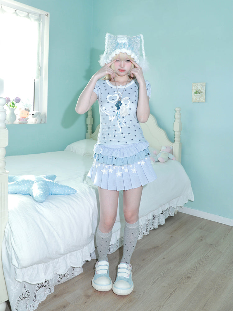 Hashtag DDD – Blue Star Fitted T-Shirt with Lace Trim tshirt Hashtag DDD