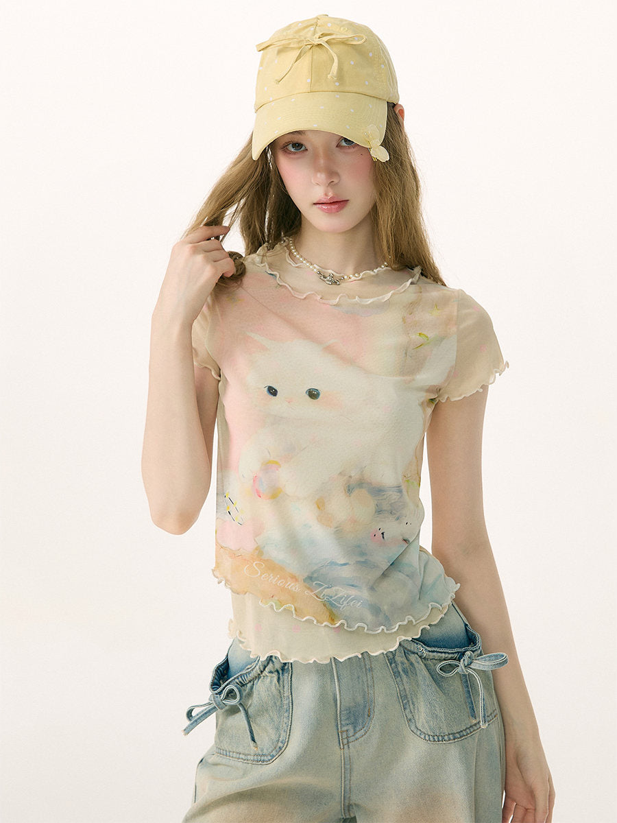 ziziFei - Cat Dream Mesh Ruffle Hem Tee tshirt ziziFei