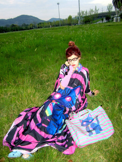 LEERROO - Devil Cat Y2K Striped Print Canvas Tote Bag bag Leerroo
