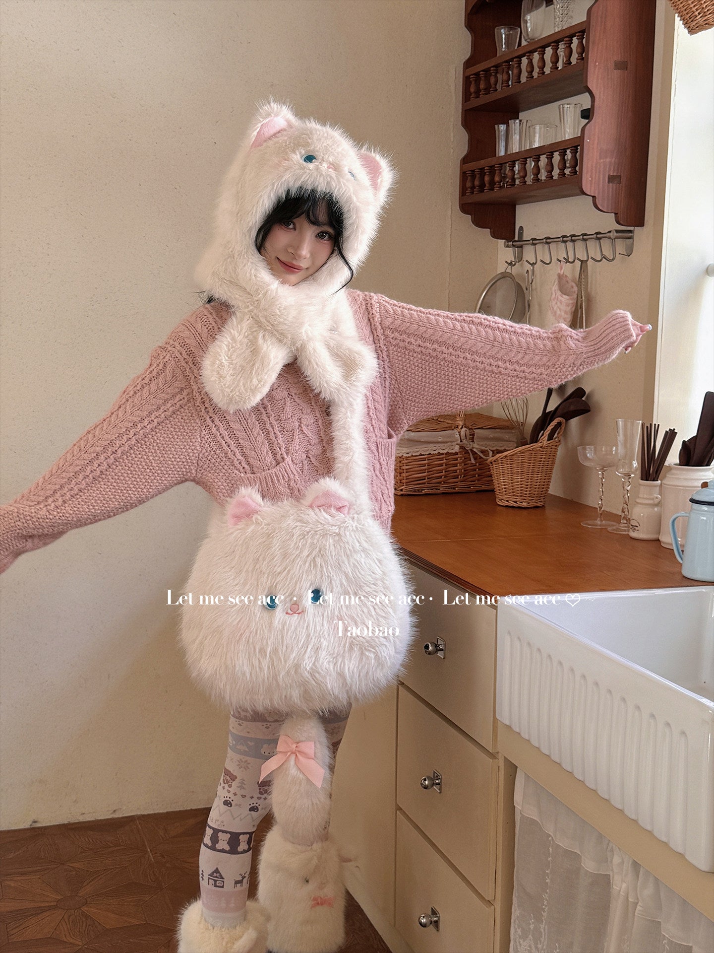 LET ME SEE - Cute Cat Plush Winter Hat & Scarf Set set let me see