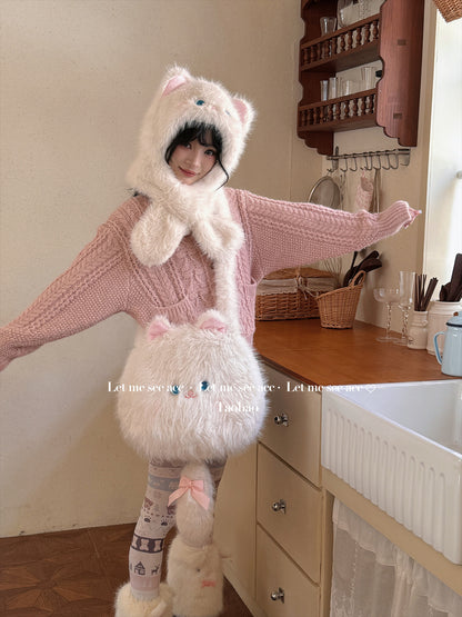 LET ME SEE - Cute Cat Plush Winter Hat & Scarf Set set let me see