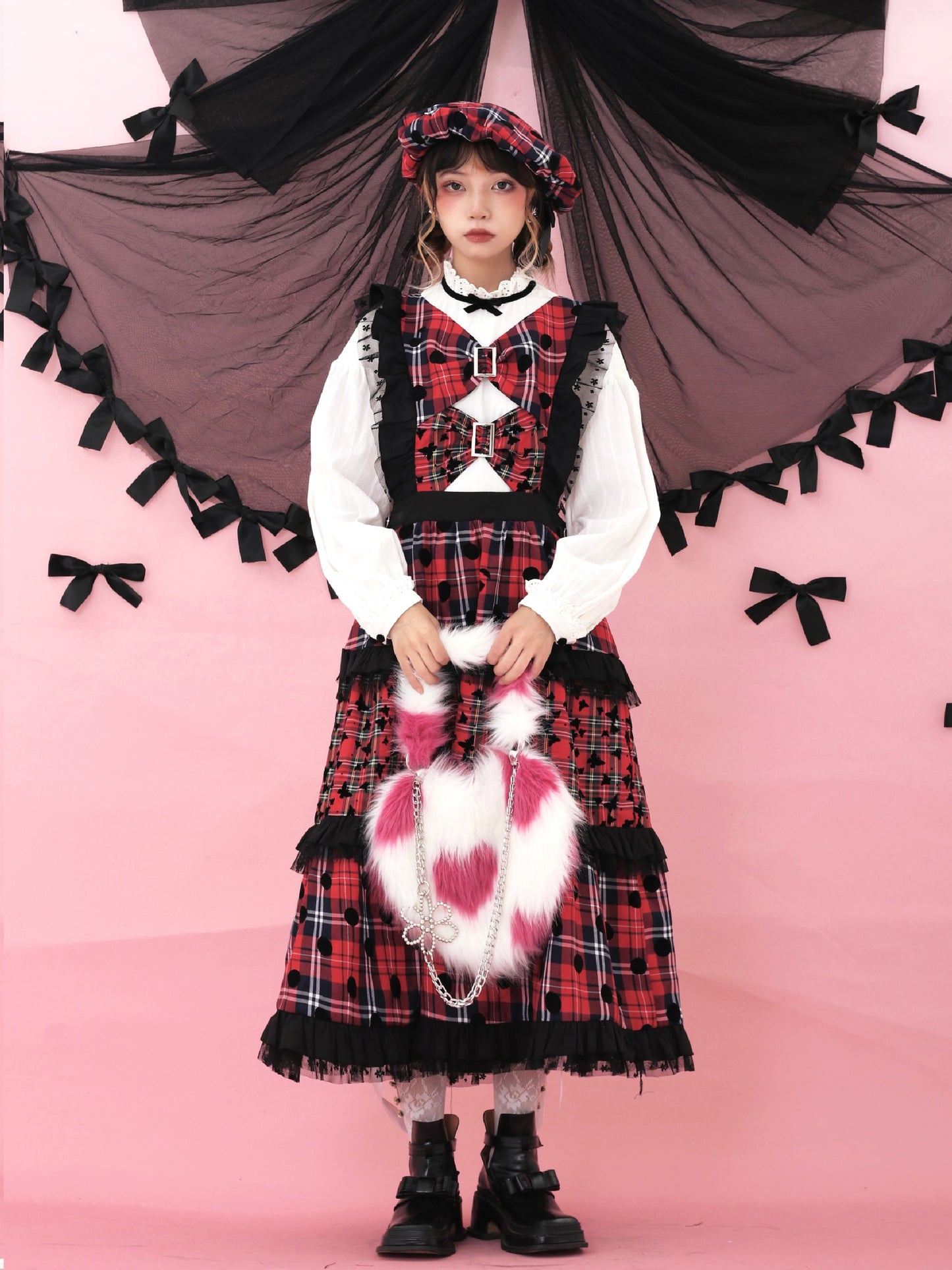 ShiChang Retro Showa Dress | Plaid Tiered Dress | Red Black High Waist Spring Dress dress ShiChang