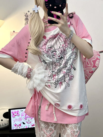Three Poisons - Angel Rivet Oversized T-Shirt tshirt Three Poisons Pink S