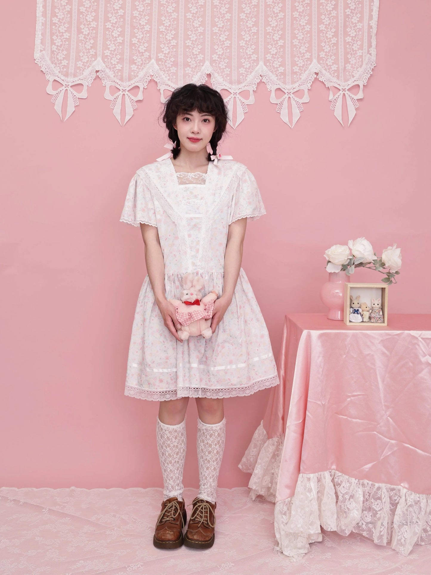 SemenCoicis – Vintage Rose Print Sailor Collar Lace Dress Retro Girl Aesthetic dress SemenCoicis