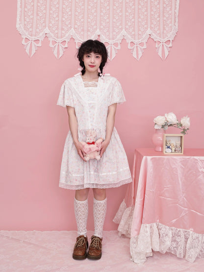 SemenCoicis – Vintage Rose Print Sailor Collar Lace Dress Retro Girl Aesthetic dress SemenCoicis