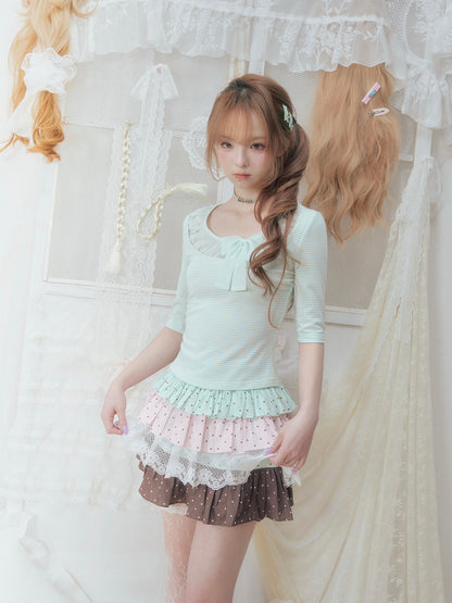 SOS SEAMSTRESS - Mint Mesh Bow Stripe Top shirt SOS SEAMSTRESS