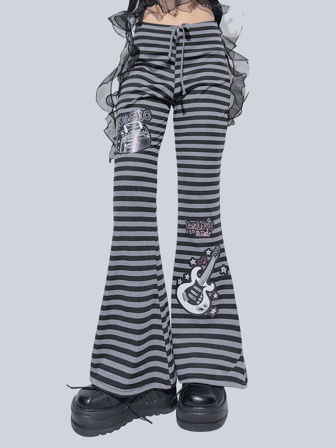 FANLOVEGIRL - Black Striped Music Flare Pants pants FANLOVEGIRL