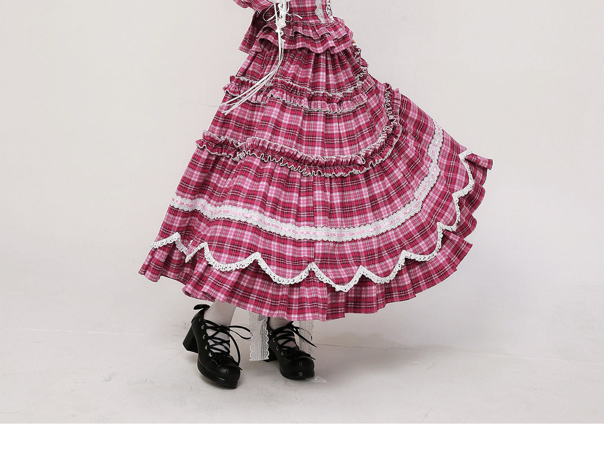 SOS MEME CLUB - Pink Plaid Showa Retro Midi Skirt skirt SOS MEME CLUB