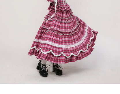 SOS MEME CLUB - Pink Plaid Showa Retro Midi Skirt skirt SOS MEME CLUB