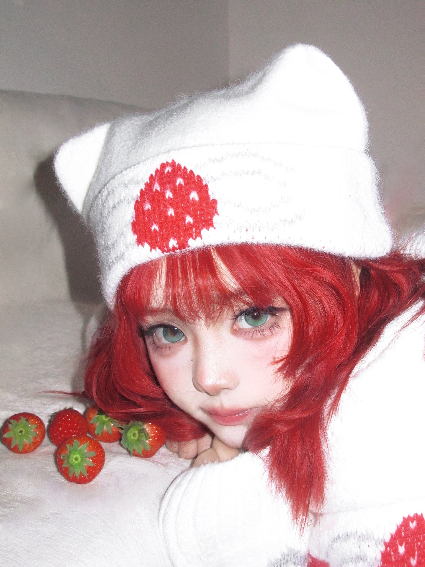 daytoday everyday institute - Strawberry Cat Ear Knit Beanie hat daytoday everyday institute