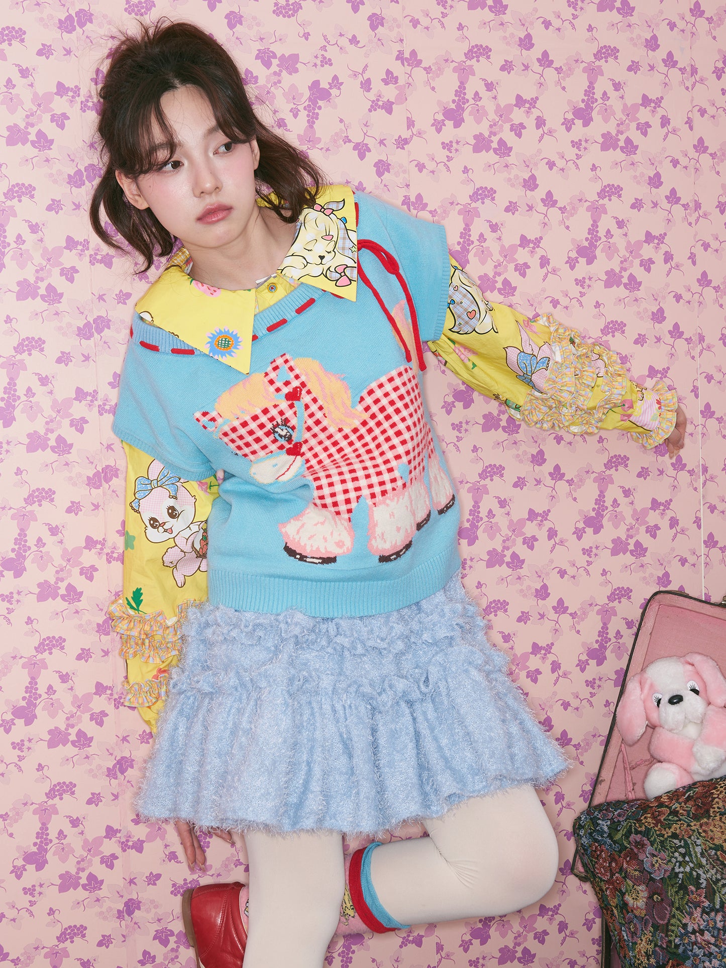 tntntutu - Kawaii Plaid Pony Knit Vest vest tntntutu