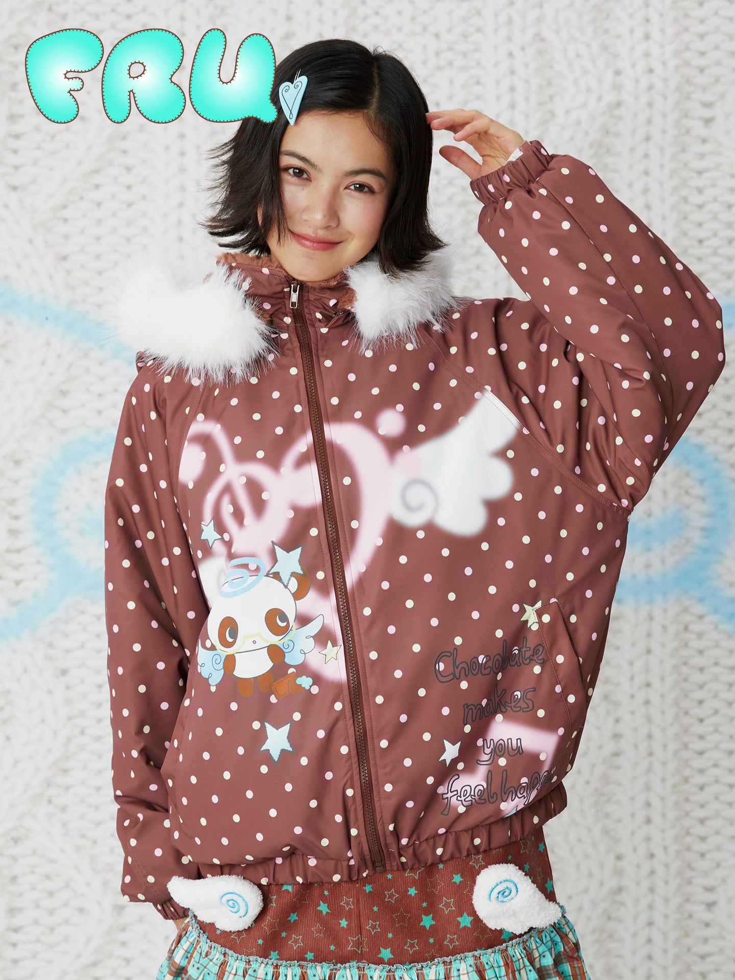 frufru - Kawaii Blue Brown Printed Hooded Jacket Warm Plush-Lined Winter Coat coat frufru