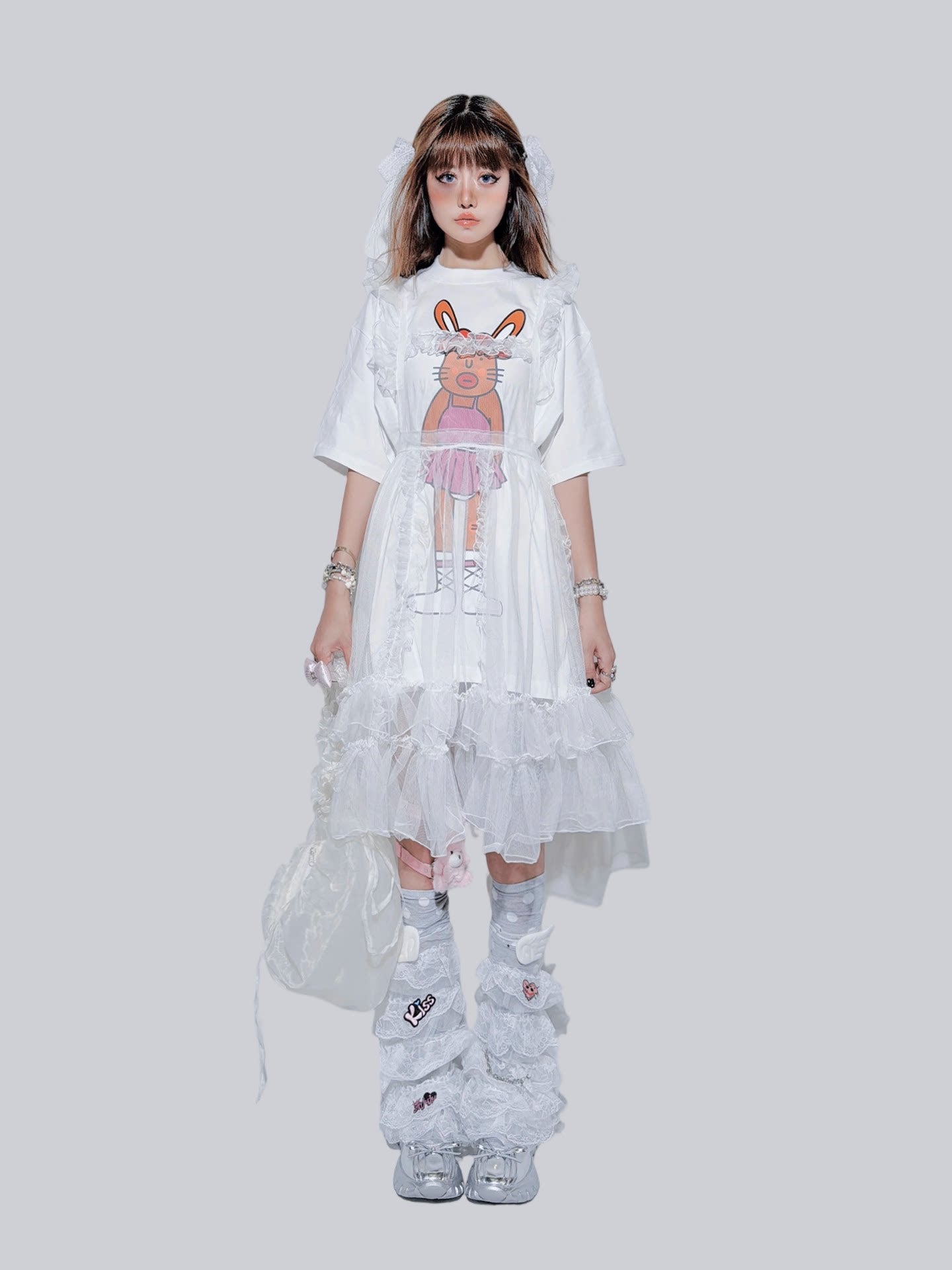 FANLOVEGIRL - Bunny Graphic Layered T-Shirt | Kawaii Harajuku Mesh Overlay Top set FANLOVEGIRL