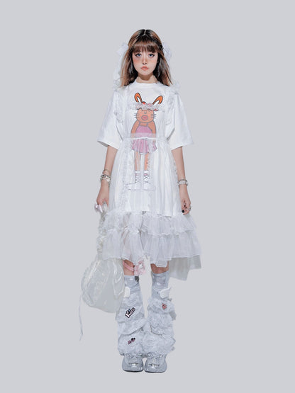 FANLOVEGIRL - Bunny Graphic Layered T-Shirt | Kawaii Harajuku Mesh Overlay Top set FANLOVEGIRL