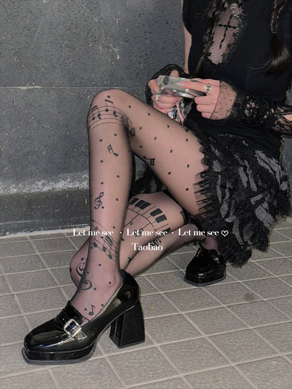 LET ME SEE Original Music Note Print Tights | Subculture Y2K Black Sheer Pantyhose tights let me see