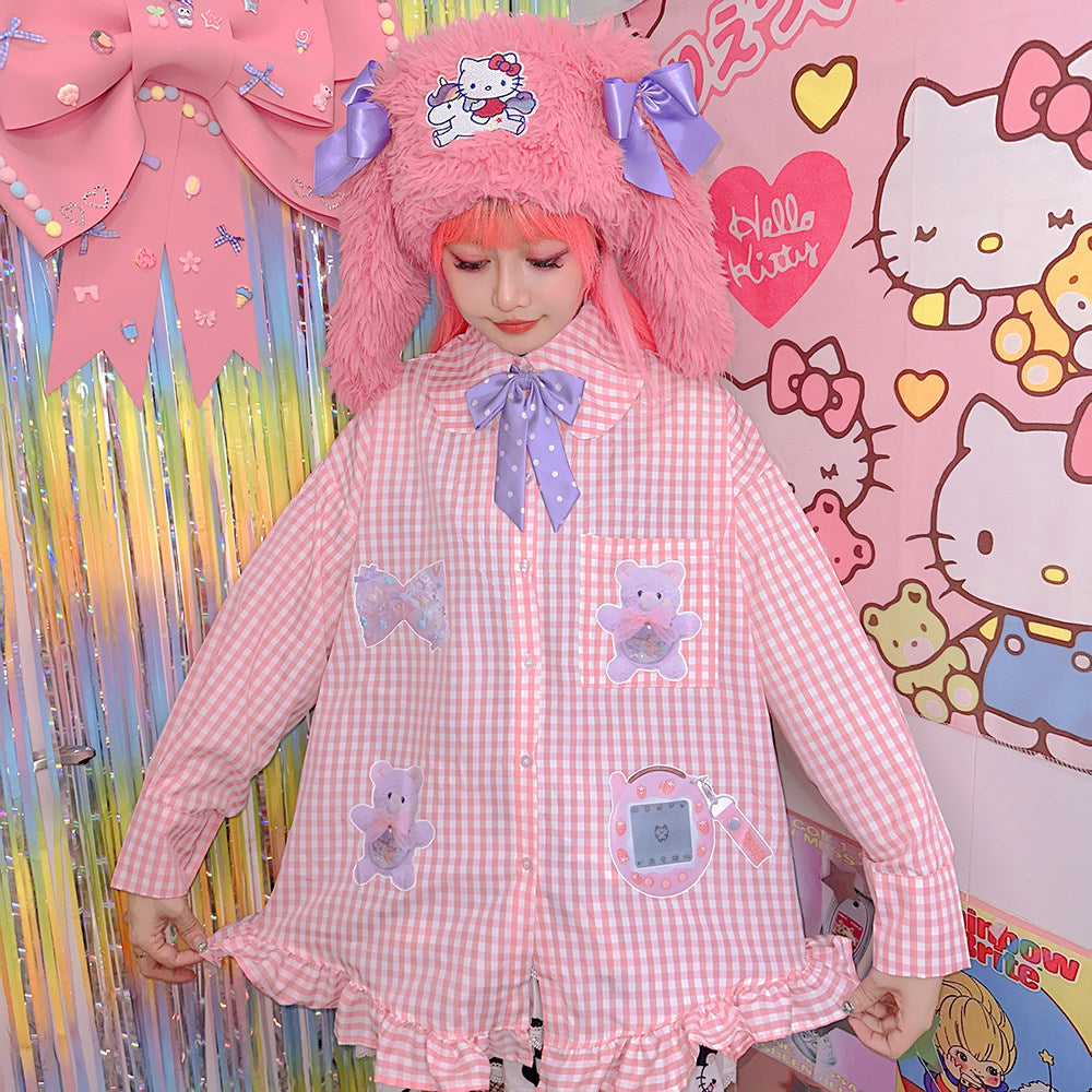 FANLOVEGIRL - Pink Bear Print Doll Collar Shirt shirt FANLOVEGIRL