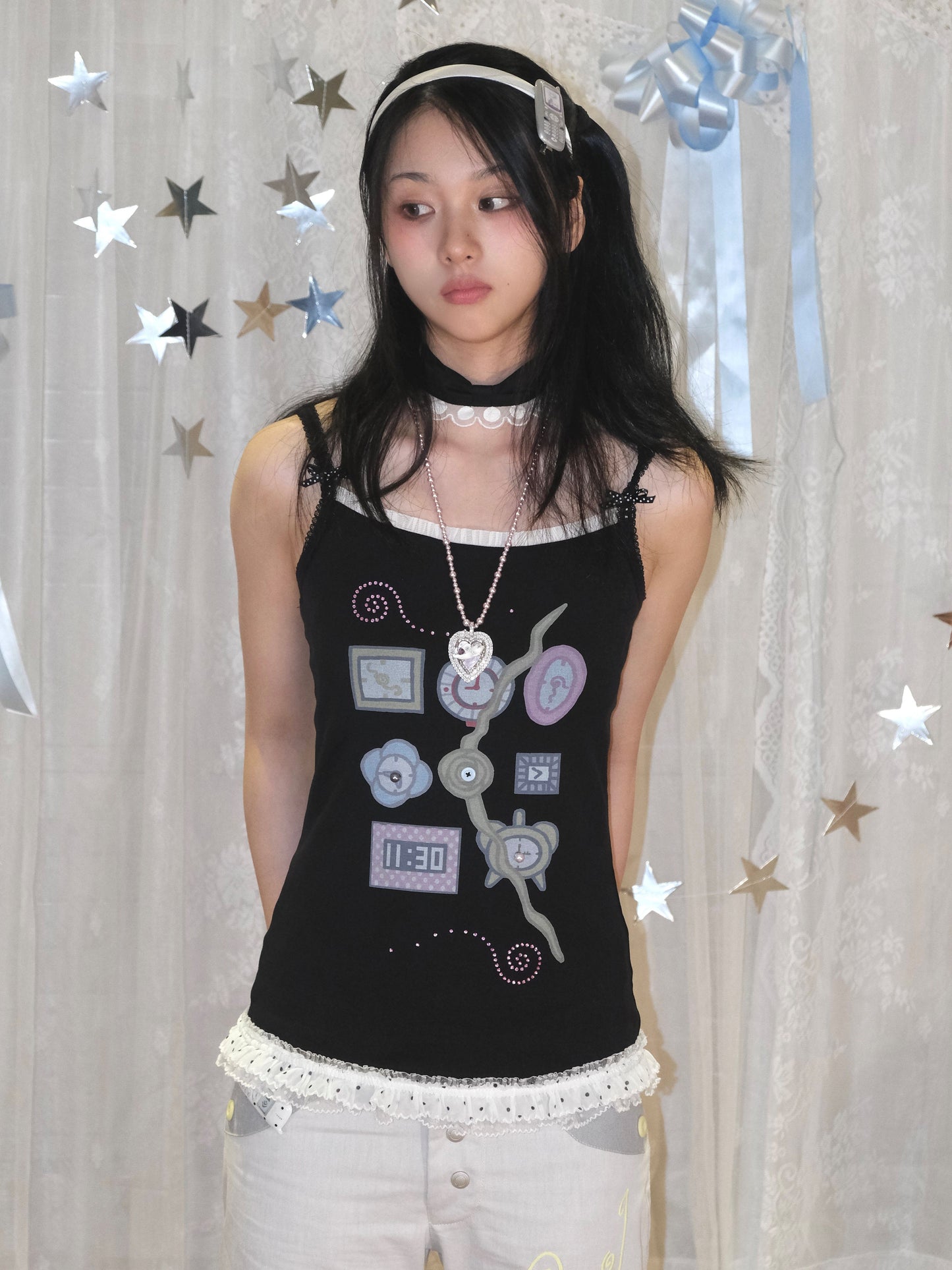 Snail Bones - Clock Print Bow Lace Cami Top camisole Snail Bones Black M