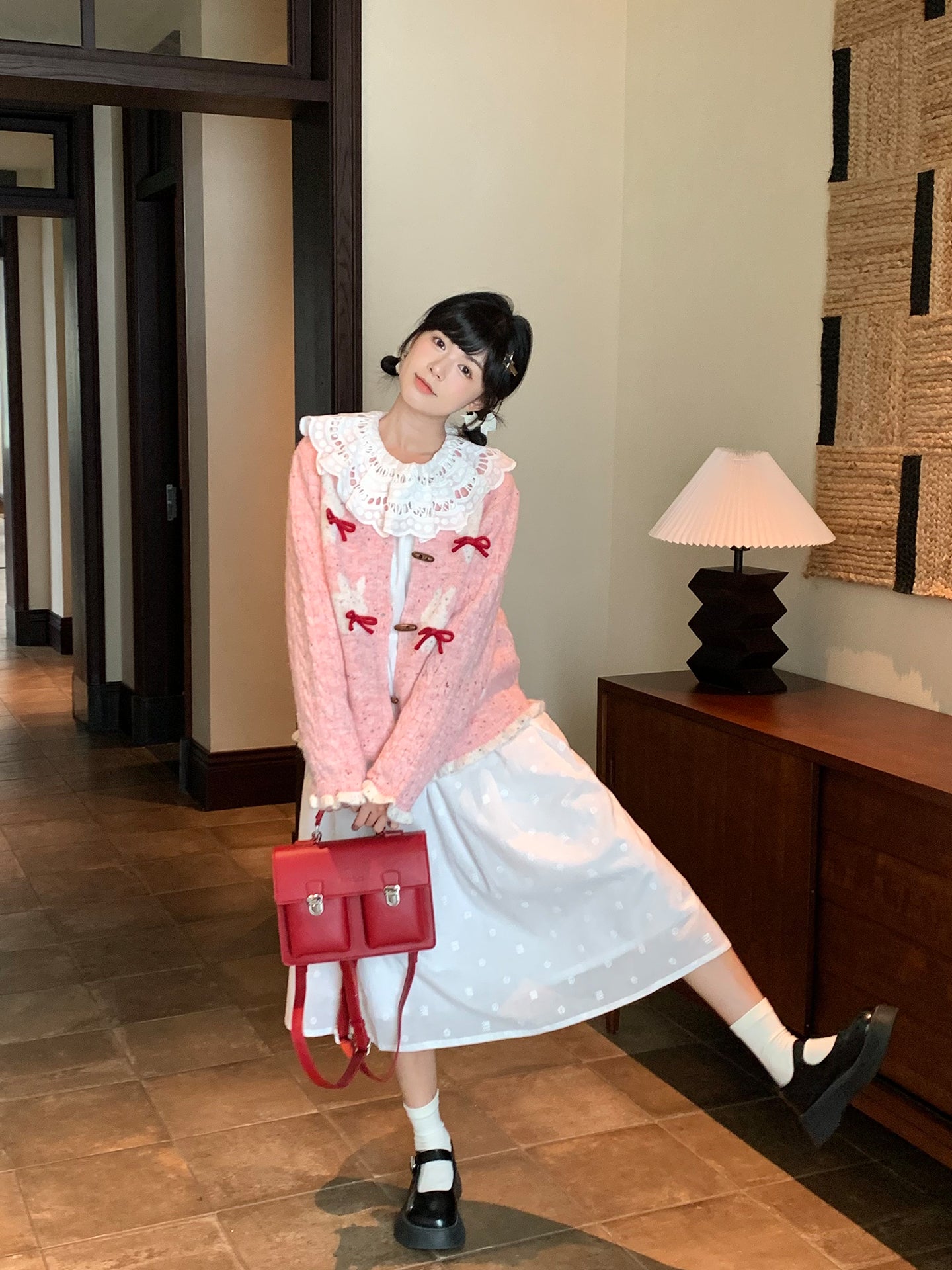 Mameya - Kawaii Bunny Knit Cardigan Pink Bow Cable Sleeve Design cardigan Mameya