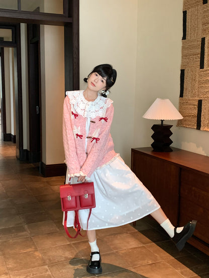 Mameya - Kawaii Bunny Knit Cardigan Pink Bow Cable Sleeve Design cardigan Mameya