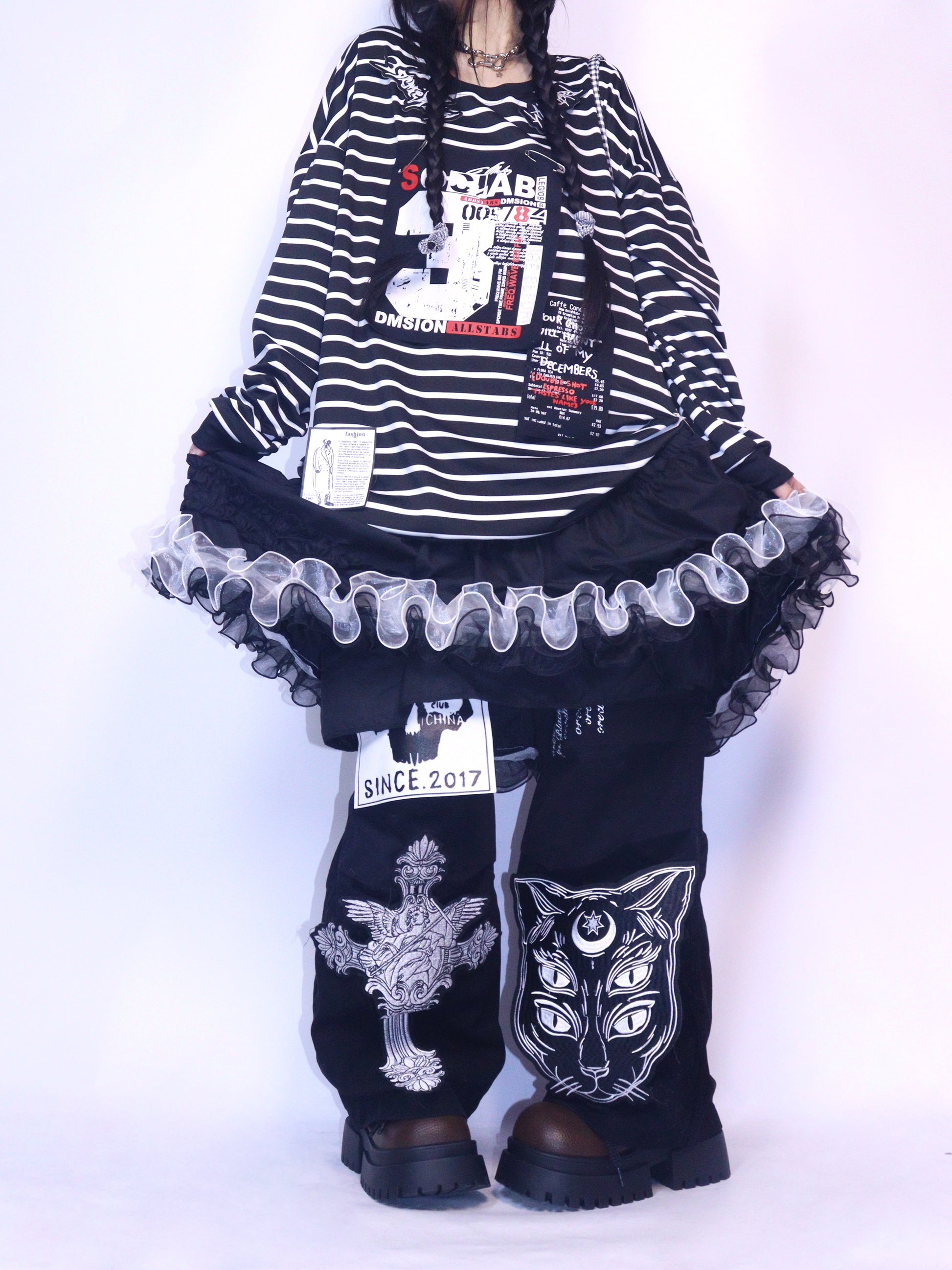 Leerroo - Y2K Sweet Punk Ruffle Skirt Elastic Waist A-Line Long Skirt skirt Leerroo