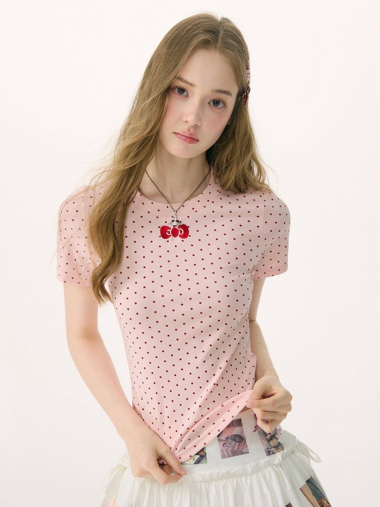 ziziFei - Sweet Dessert Bow Polka Dot Knit Tee tshirt ziziFei