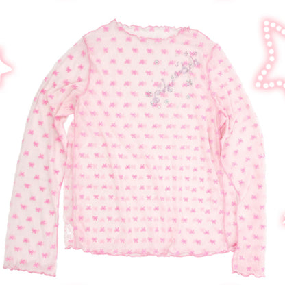 Shishihshop Pink Bow Shirt | Mesh Top | Millennium Y2K Rhinestone Tee